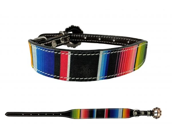 Dark oil leather dog collar with Serape southwest nylon overlay and copper hardware.