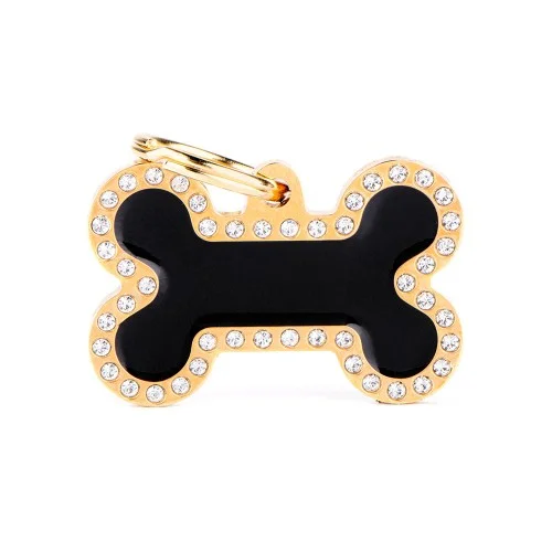 Glam Gold Big Black Bone Strass ID Tag