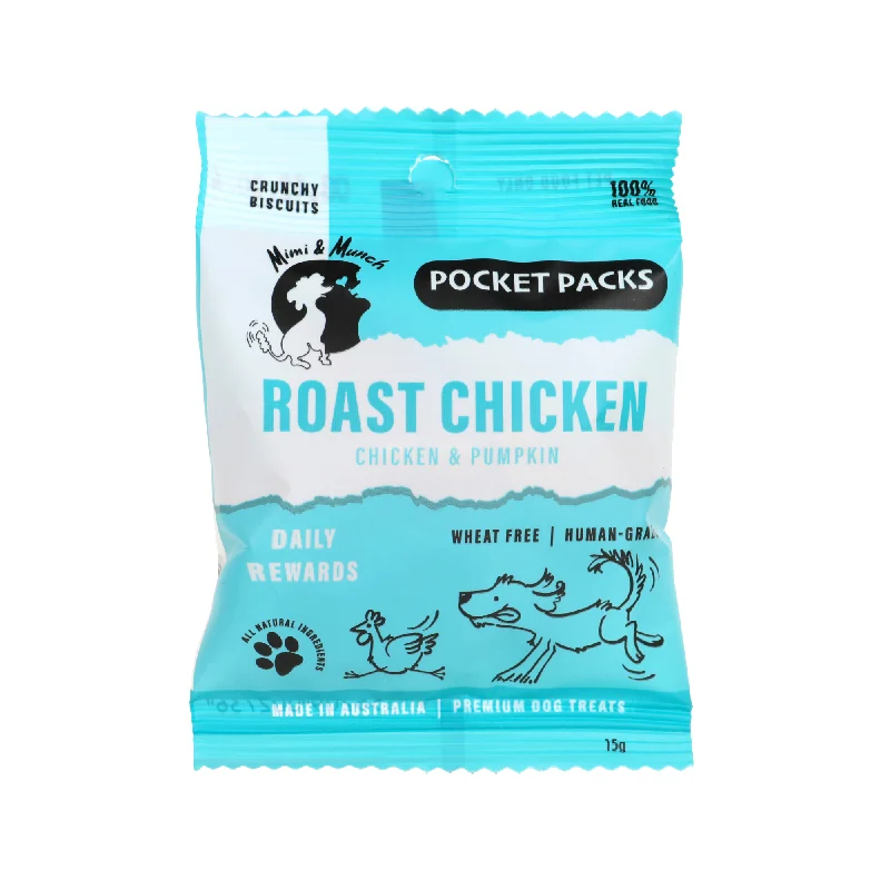 Mimi & Munch Pocket Pack Roast Chicken Natural Wheat Free Biscuits Strip of 5 Mini Packs Dog Treats 75g