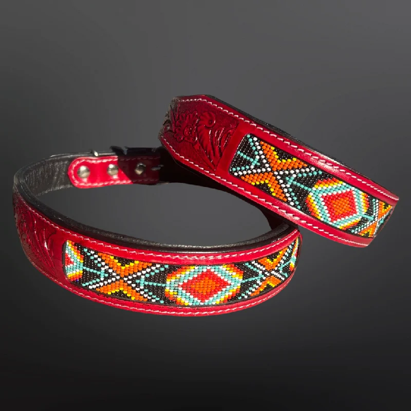 Oxblood Red Leather Tooled Beaded Dog Collar