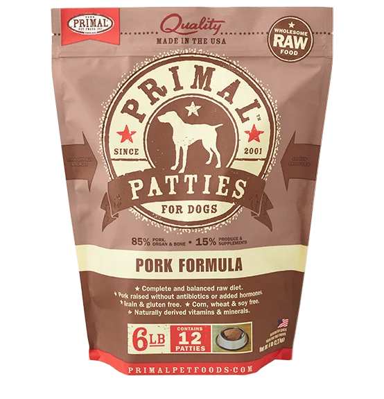 PRIMAL DOG PORK PATTIES FROZEN 3Lb-6Lb