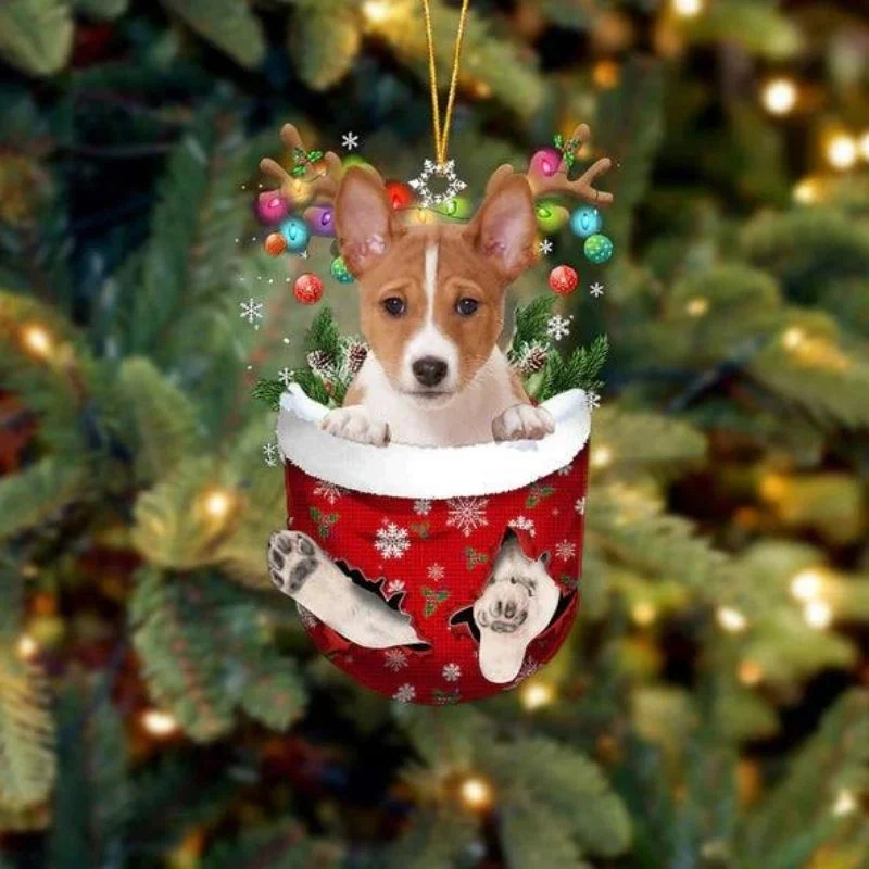 Basenji In Snow Pocket Christmas Ornament SP217