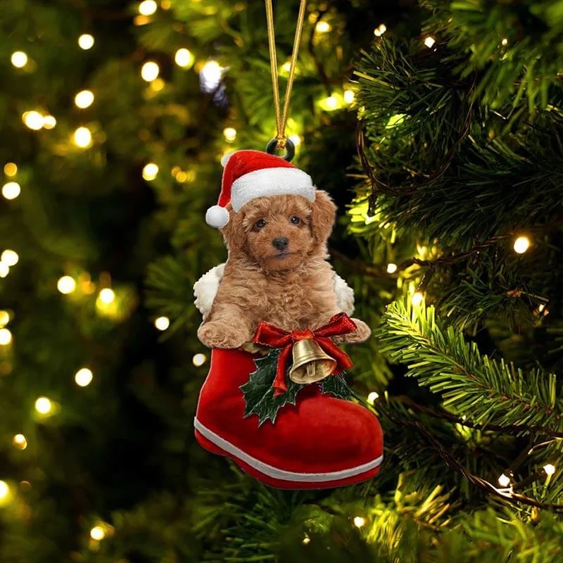 Brown Poodle In Santa Boot Christmas Hanging Ornament SB046