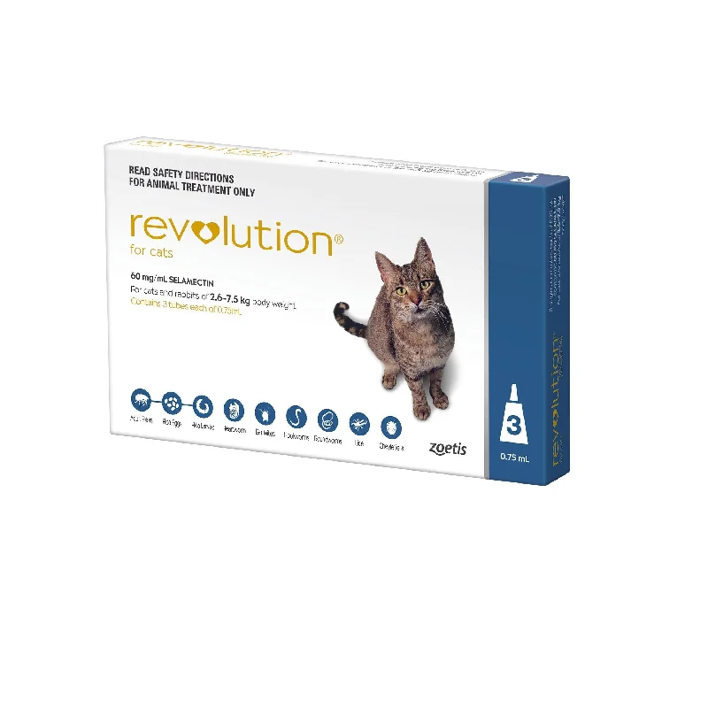 Revolution Flea Heartworm and Worming Treatment for Cats 2.6-7.5kg Blue 3 Pack